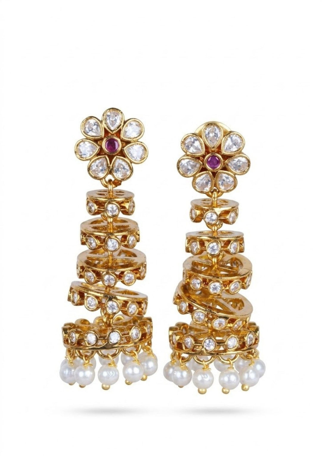 Zirconian Diamond five layer spiral earrings pair on white background intricate design festive and weeding use and perfect for gifting