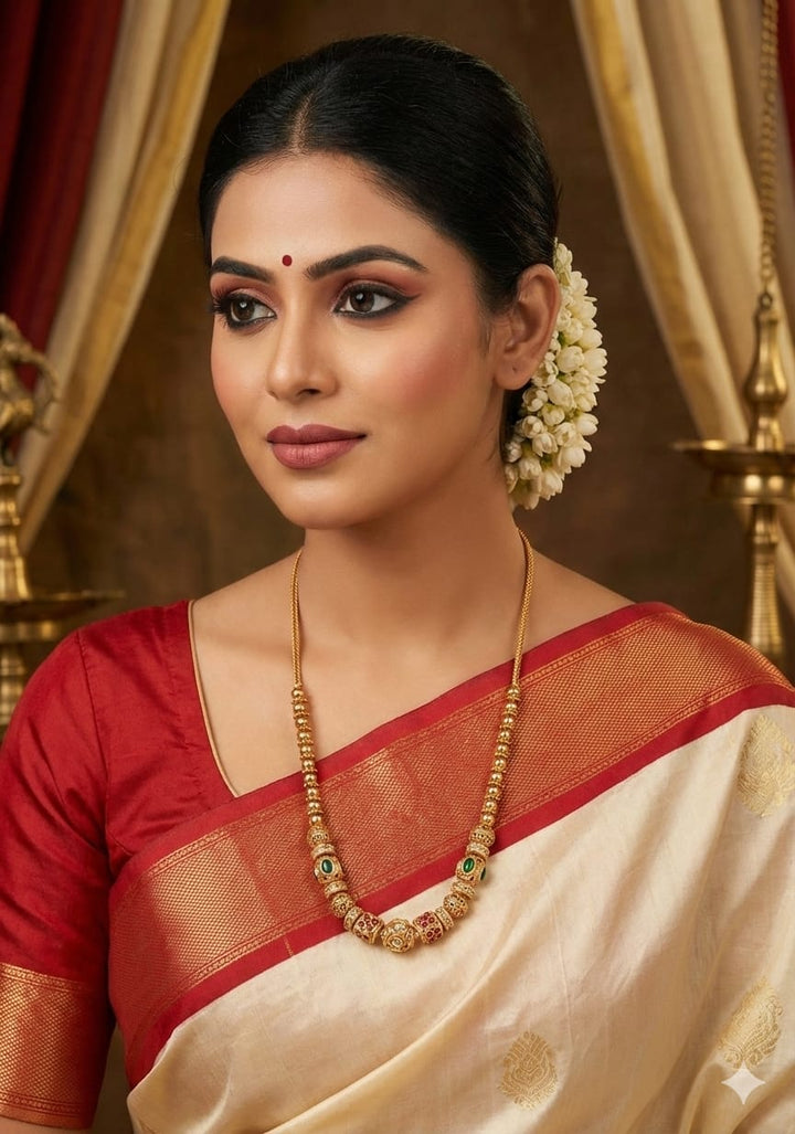 Close-up of a woman wearing Antique Gold Plated Beads Mala with traditional long chain pattern and detailed with gold bead work , green and red stones that gives a simple and elegant traditional jewelry look. The mala ihas a cibe shape pattern which is lightweight comfort, sweat proof finish, anti-fade colour, smooth fitting, and is suitable for festivals, pooja functions, family gatherings, and regular traditional wear.