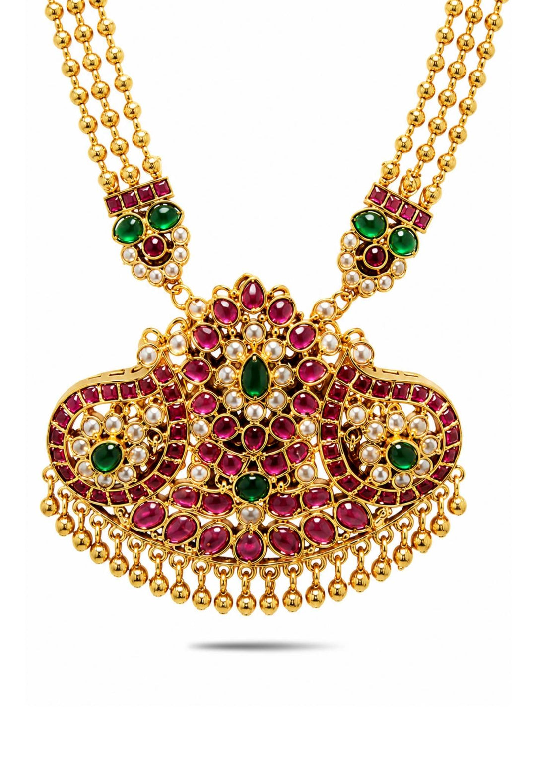 Gold necklace with red and green gemstones on a white background and pendent shown very clearly and in detailed way shown in picture it will sweat proof and water proof can used for festivals, bridals, and weeding's  