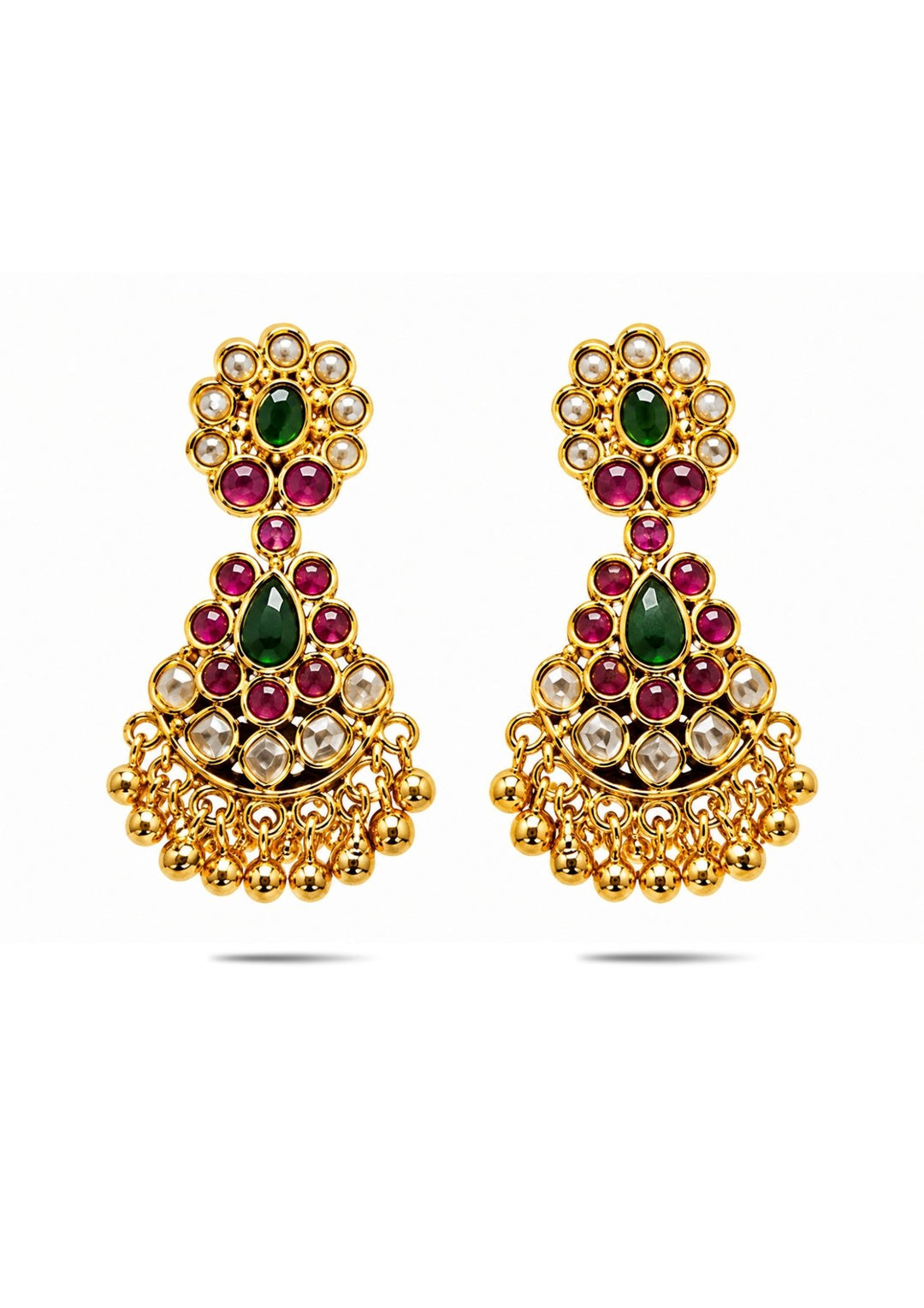 Gold earrings with green and red gemstones on a white background come with beads and shown very clearly how earrings look and anti fade and skin safe and can use foe weeding's and festivals 