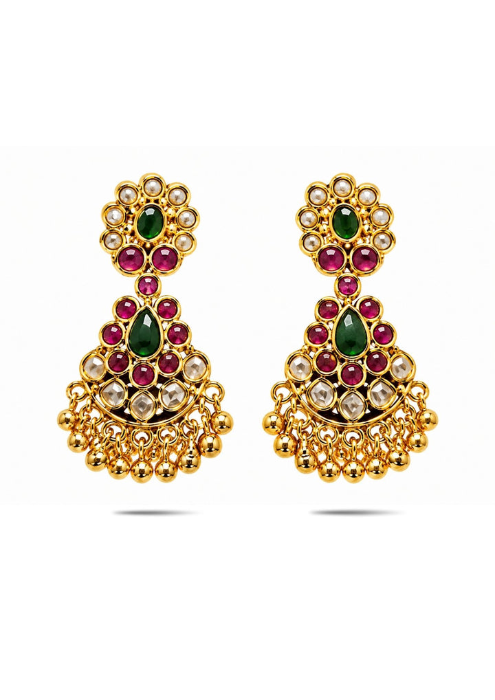 Gold earrings with green and red gemstones on a white background come with beads and shown very clearly how earrings look and anti fade and skin safe and can use foe weeding's and festivals 
