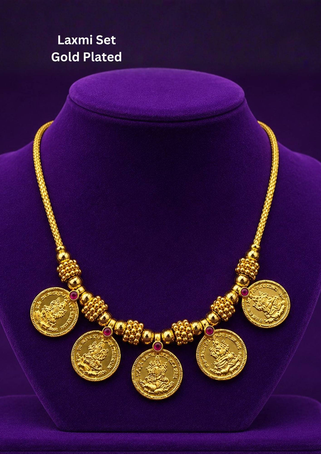Gold plated Laxmi coin necklace featuring traditional Lakshmi motif coins with elegant temple-inspired craftsmanship. Perfect for festivals, poojas and traditional occasions.