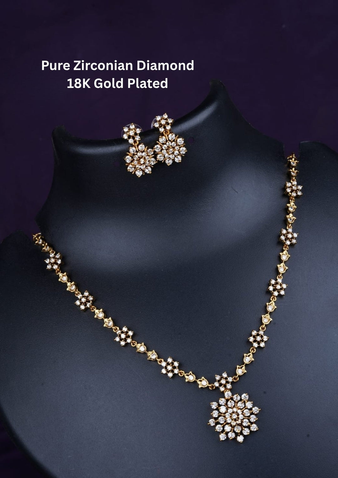 Gold plated Pure Zirconian Diamond flower  necklace with earrings ideal for party wear