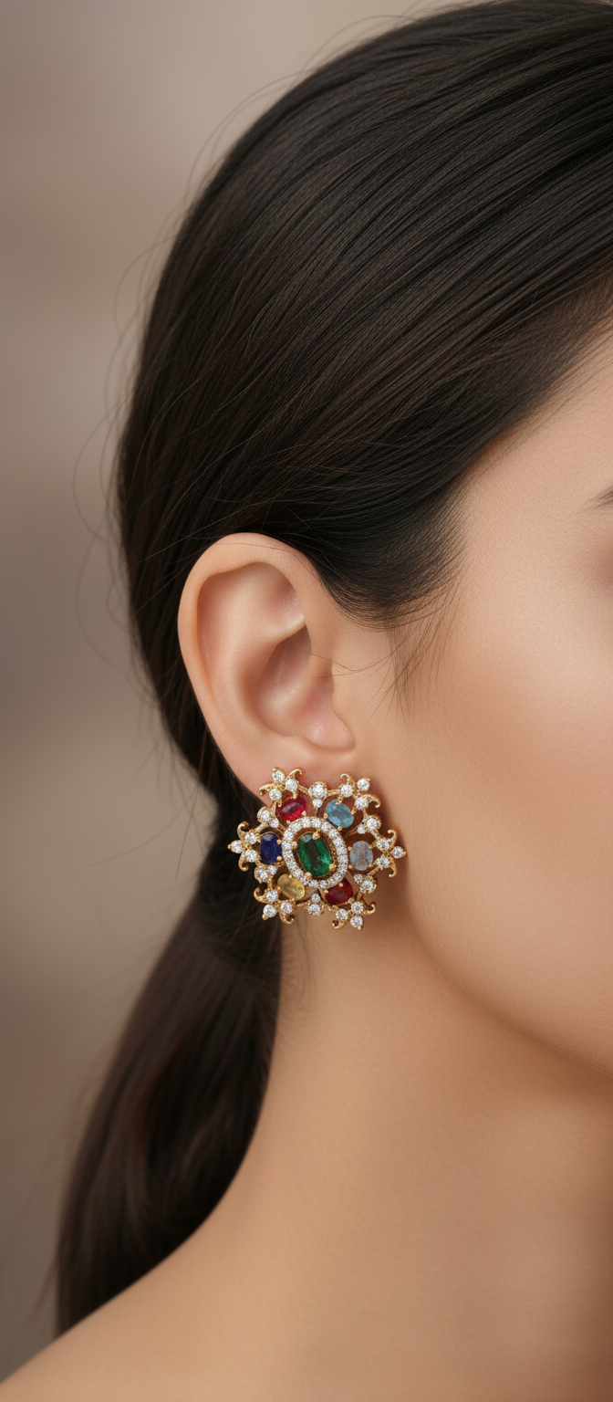 Close-up of a person wearing a colorful  studs 