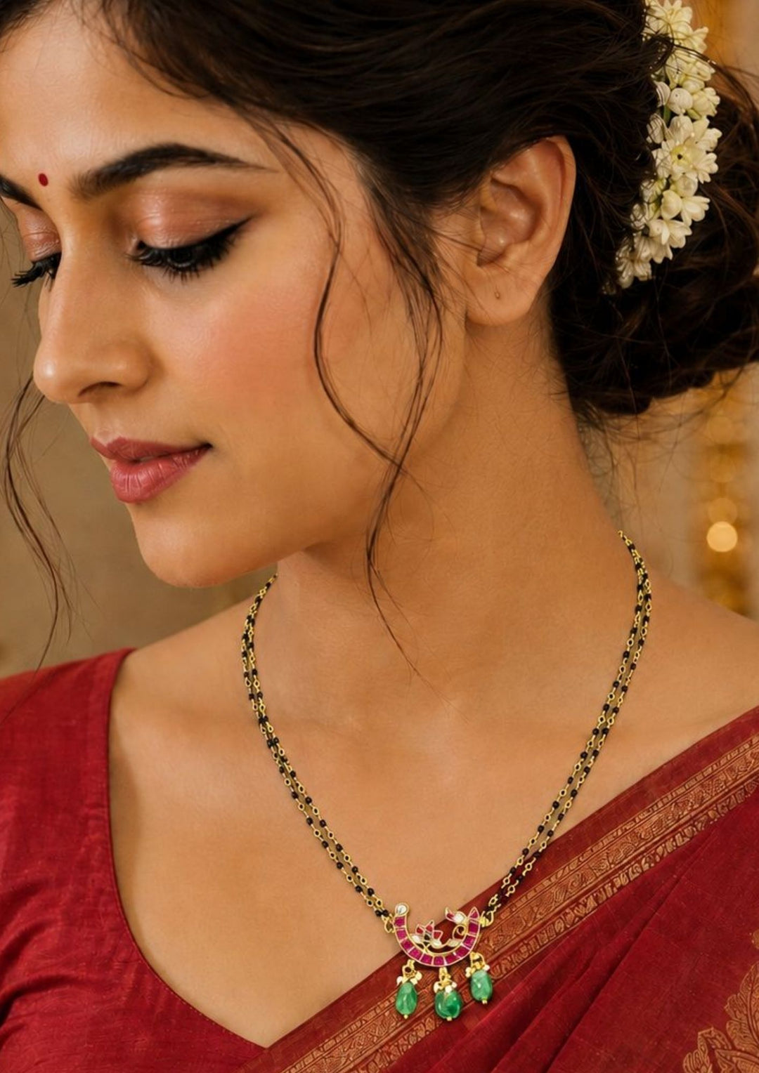 South indian women waering a black beads mangalsutra chain featuring a slim gold plated chain with evenly spaced traditional black beads and a curved center pendant decorated with tiny dangling zircon stones. The lightweight 18 to 20 inch necklace gives a modern minimal look suitable for daily wear, office wear, married women, festive occasions and traditional outfits.