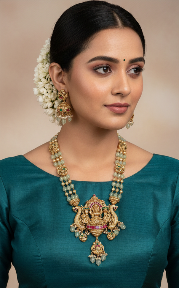women wearing this lakshmi devi necklace and earrings