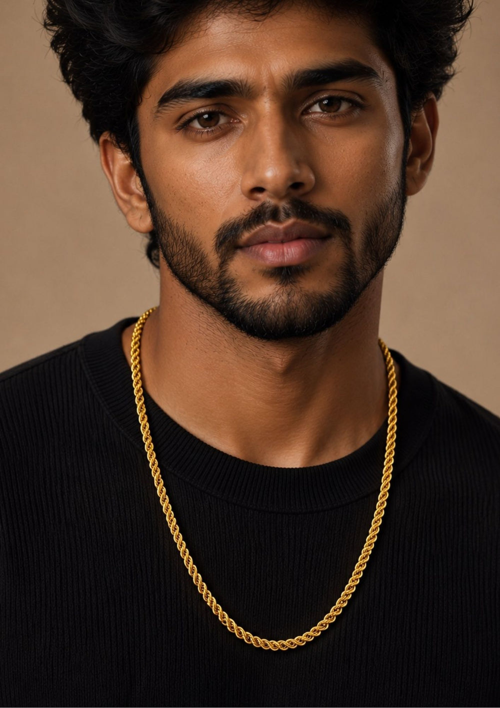Man wearing a Gold plated rope chain necklace featuring elegant twisted link pattern with rich polished gold finish and stylish traditional design. This lightweight chain is crafted with detailed interlocked rope style links that provide a classy and premium appearance suitable for daily wear, office wear, casual outings, family gatherings, festivals, parties and traditional occasions with skin friendly quality, anti fade polish, comfortable fitting
