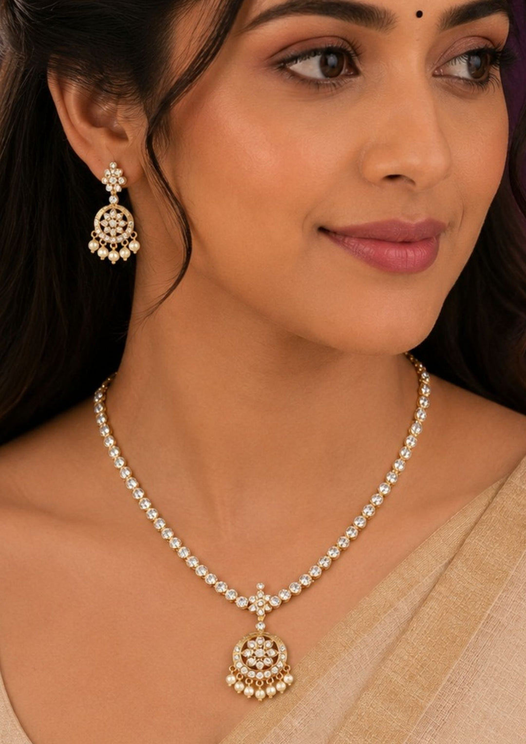 South indian Woman wearing a Gold plated zircon diamond necklace set featuring a sparkling floral pendant with pearl drops and matching earrings. Beautifully crafted with premium zircon stones, making it ideal for weddings, festive celebrations, receptions, and traditional occasions.