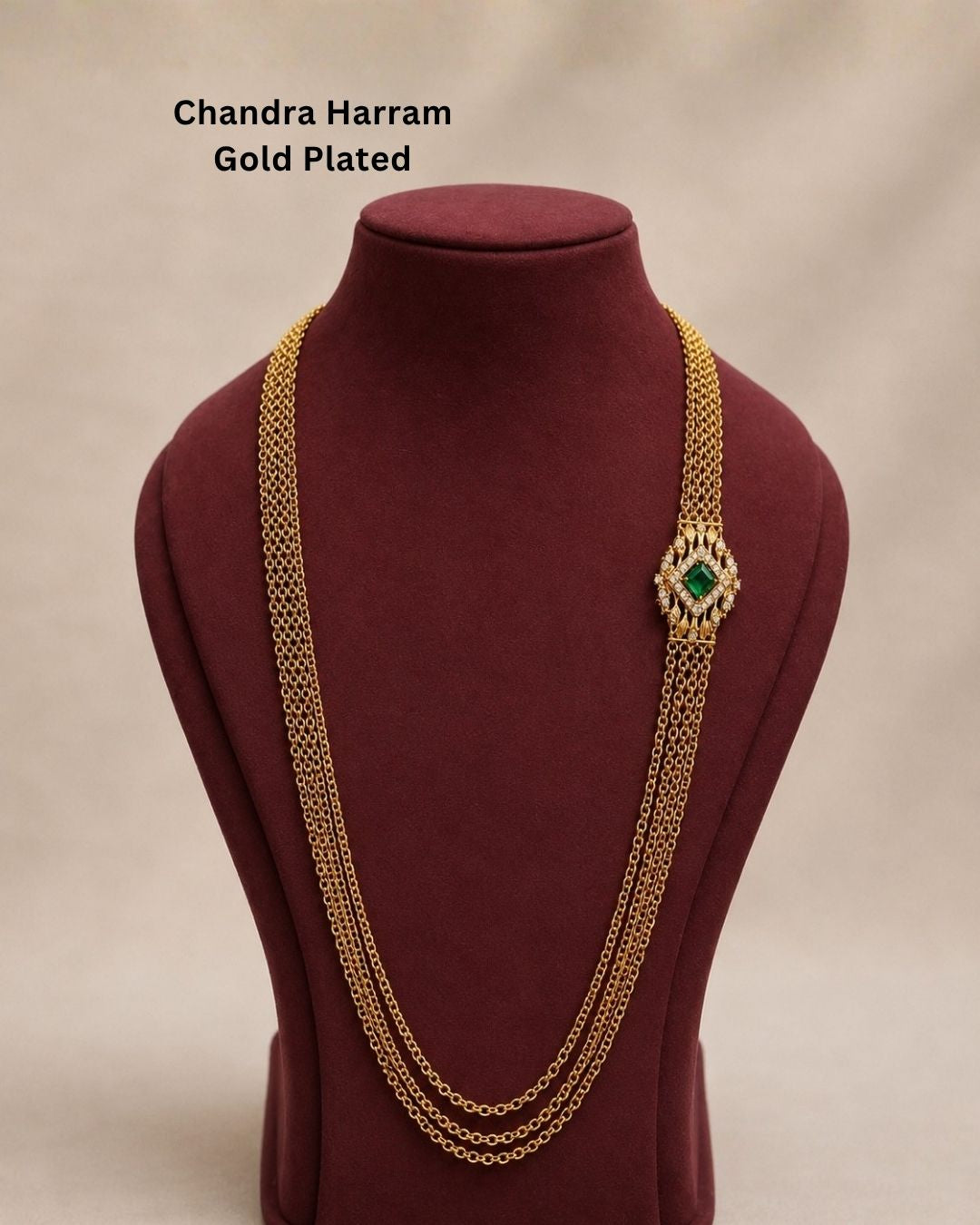 Beautiful multi-layer Chandra Haram gold plated necklace featuring a rich green center stone and sparkling accents. Perfect for traditional outfits, festive occasions, temple visits, weddings, and special events.