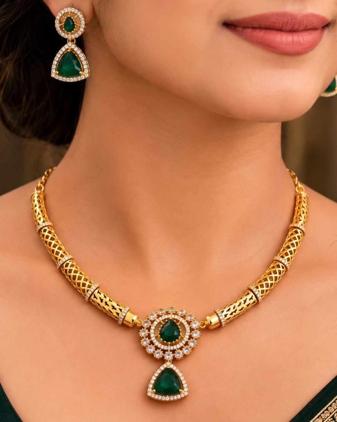 South indian women Gold-plated necklace and matching earrings set displayed on a black jewelry bust. The necklace features a textured gold chain with a central teardrop pendant and matching drop earrings, embellished with green stones and small clear stones.