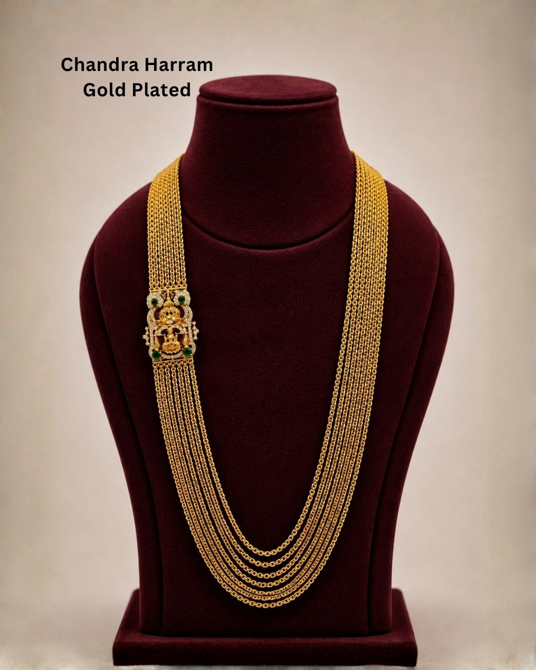 Premium temple style gold plated Lakshmi Chandraharam designed with multiple layered chains, traditional craftsmanship, and a detailed Lakshmi motif for ethnic and bridal jewellery collections.