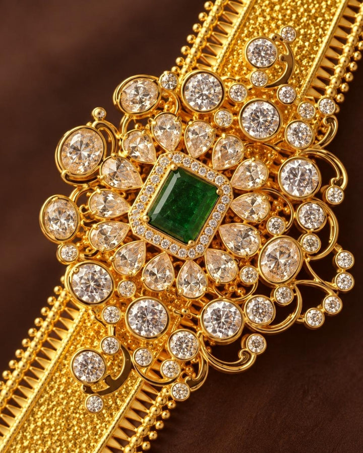 South Indian Women Wearing a gold plated traditional adult hipbelt (vaddanam) featuring a wide, flexible band with a shimmering stardust textured finish. The central statement ornament is a large, ornate filigree frame heavily encrusted with white zircon stones, anchoring a rich rectangular emerald green core gemstone.