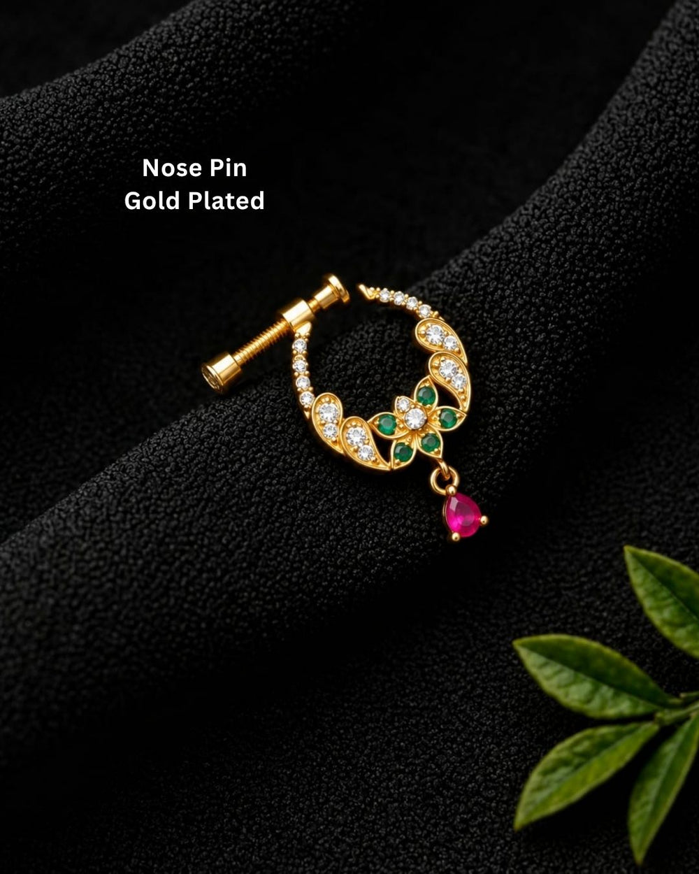 Traditional gold plated floral nose pin with green and pink stone detailing, sparkling white CZ accents, and a screw-back design.