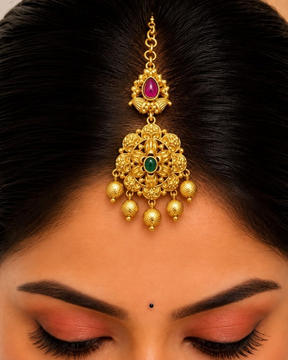 Traditional gold plated designer maangtikka featuring intricate floral motifs, green and ruby-colored stones, detailed gold work, and multiple hanging gold bead accents, perfect for festive, wedding, and traditional occasions.