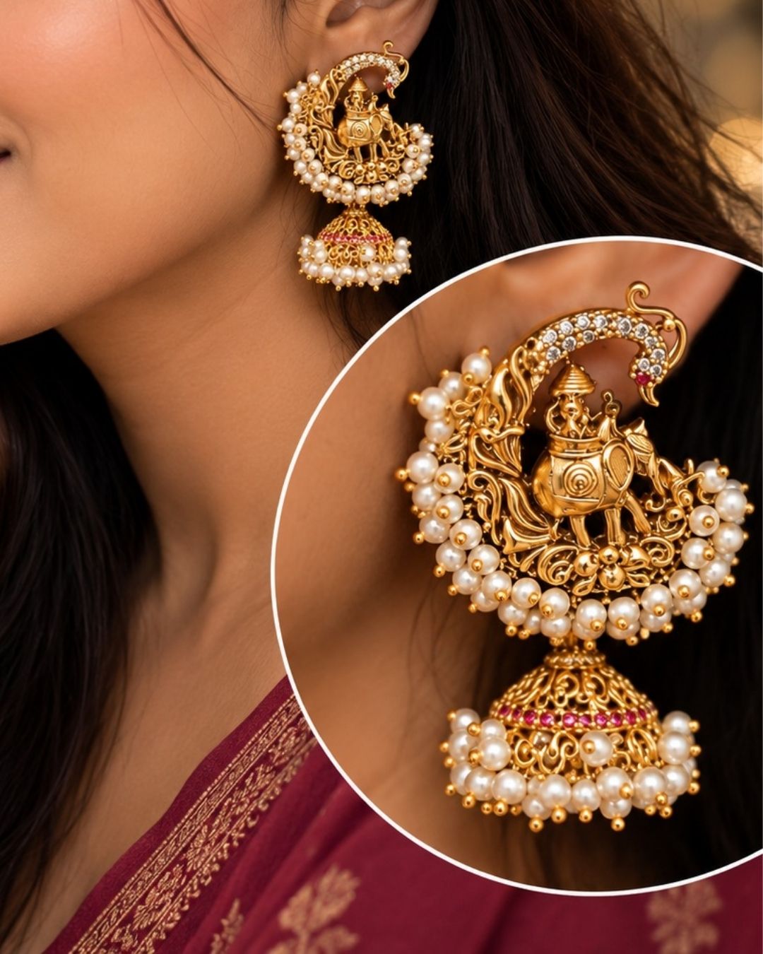Traditional style gold plated Guttapusalu jhumki earrings designed with detailed elephant and peacock structures, pink stone accents, and bunch clusters of hanging white pearls that give a graceful traditional look for festive celebrations, poojas, family functions, and bridal outfits with lightweight comfortable use