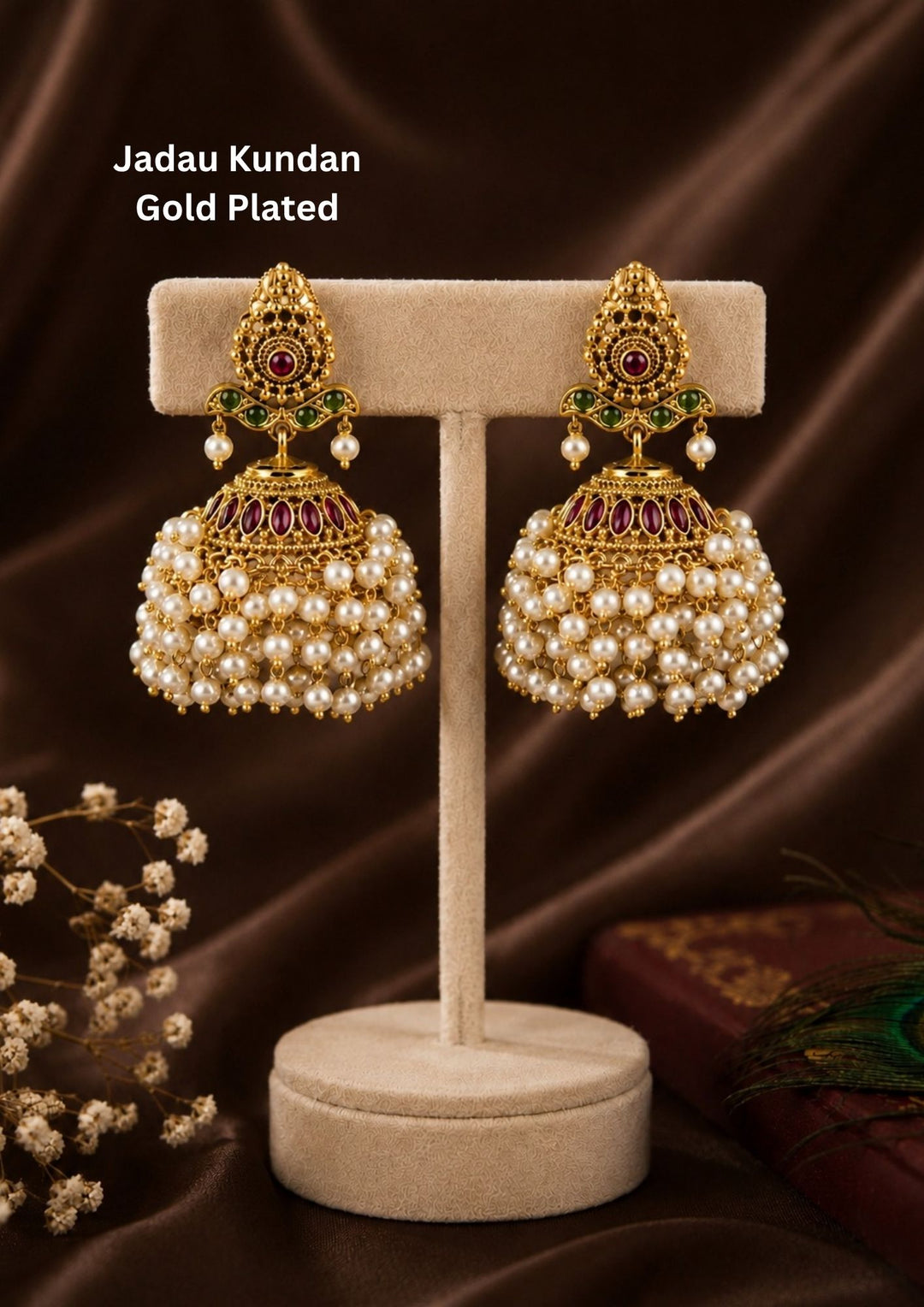 Jadau Kundan Gold Plated Beads Lightweight  Guttapusalu Jhumkas at Zevana. Lightweight, Anti-Tarnish, Perfect for dailywear, weddings & festivals. Pan-India delivery available.
