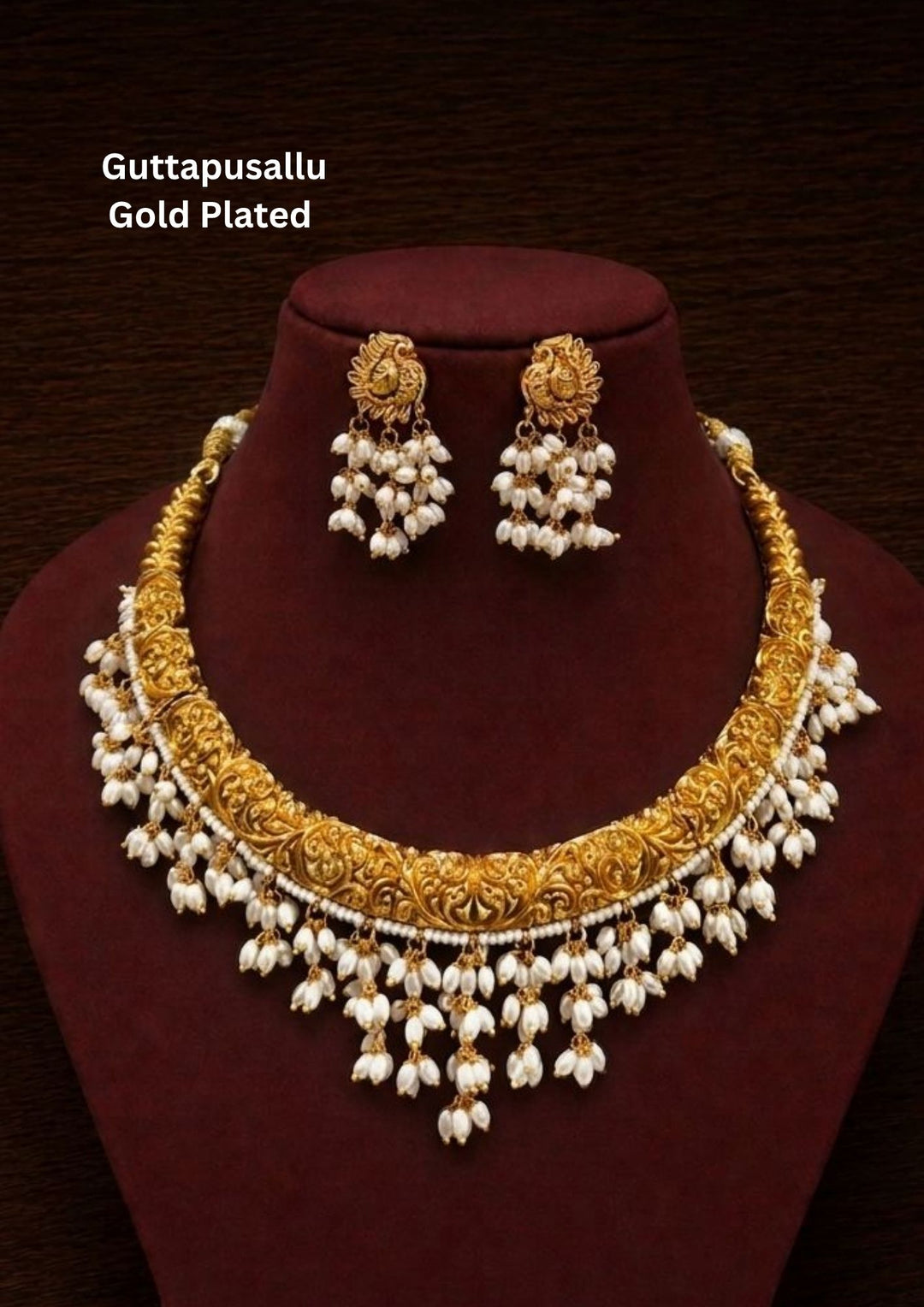Guttapusalu gold plated necklace set with matching earrings designed with traditional rice bead pearls , gold plated finish, and earrings designed in peacock shape, lightweight comfortable wear, perfect for weddings, festivals, poojas.