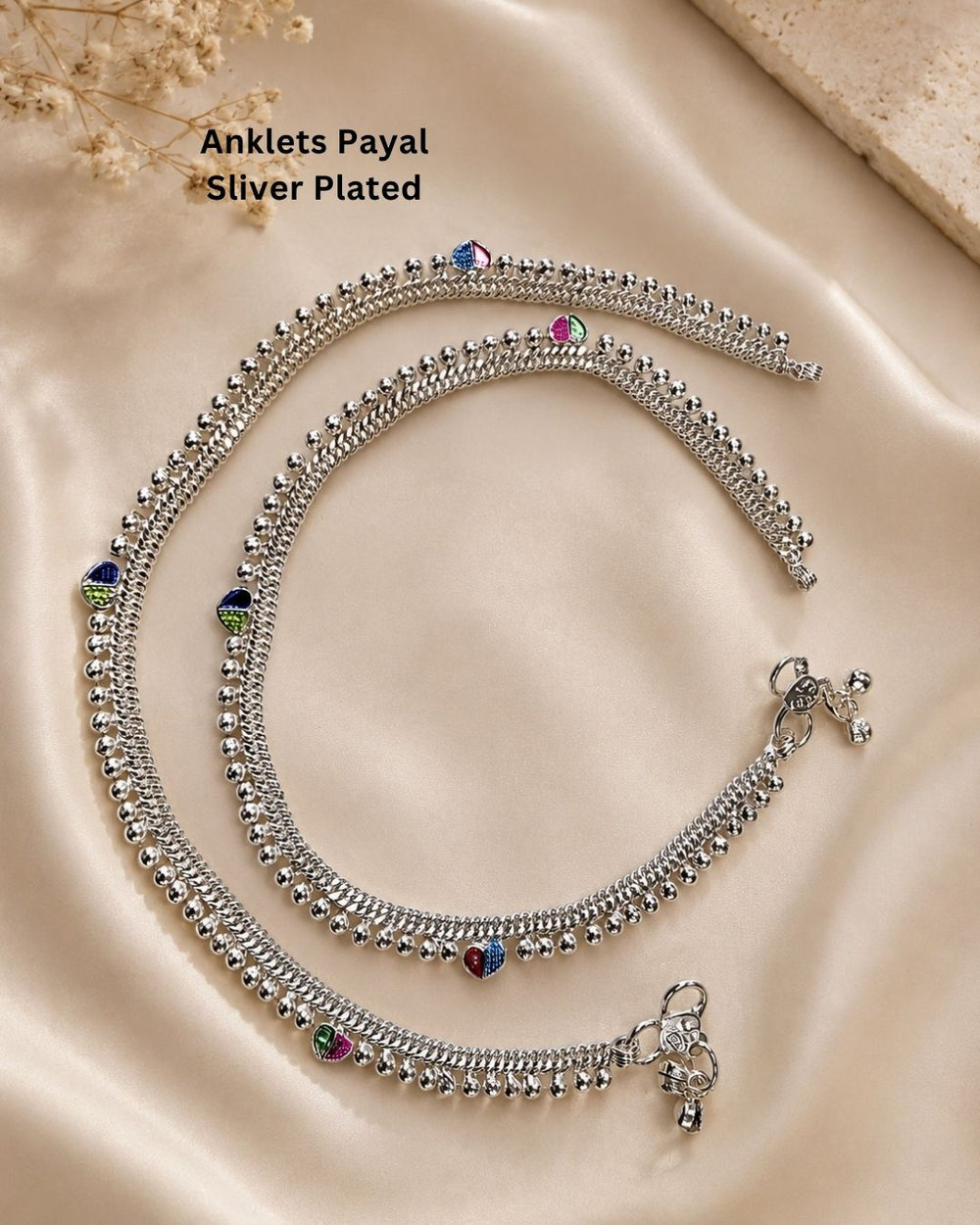 Beautiful silver oxidised anklet set featuring layered chain work, delicate bead detailing, and colorful enamel charms. Perfect for traditional occasions, festive wear, daily wear, and gifting.