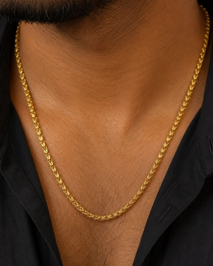 Beautiful gold plated long chain featuring intricate leaf-inspired links and a refined woven design. Perfect for traditional wear, festive occasions, daily wear, layering, and gifting.