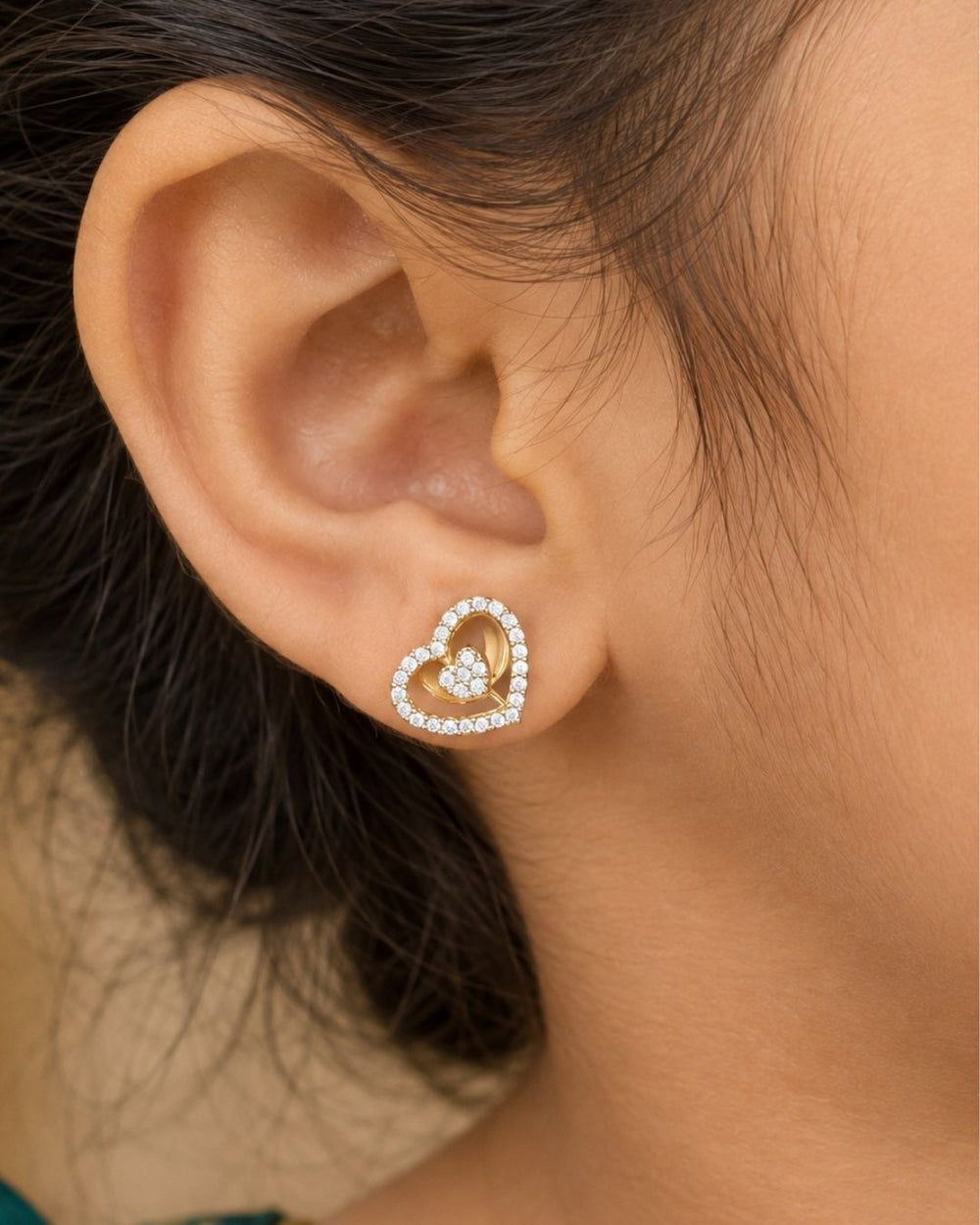 Pure Zirconian Diamond Gold Plated Heart Shape Studs 