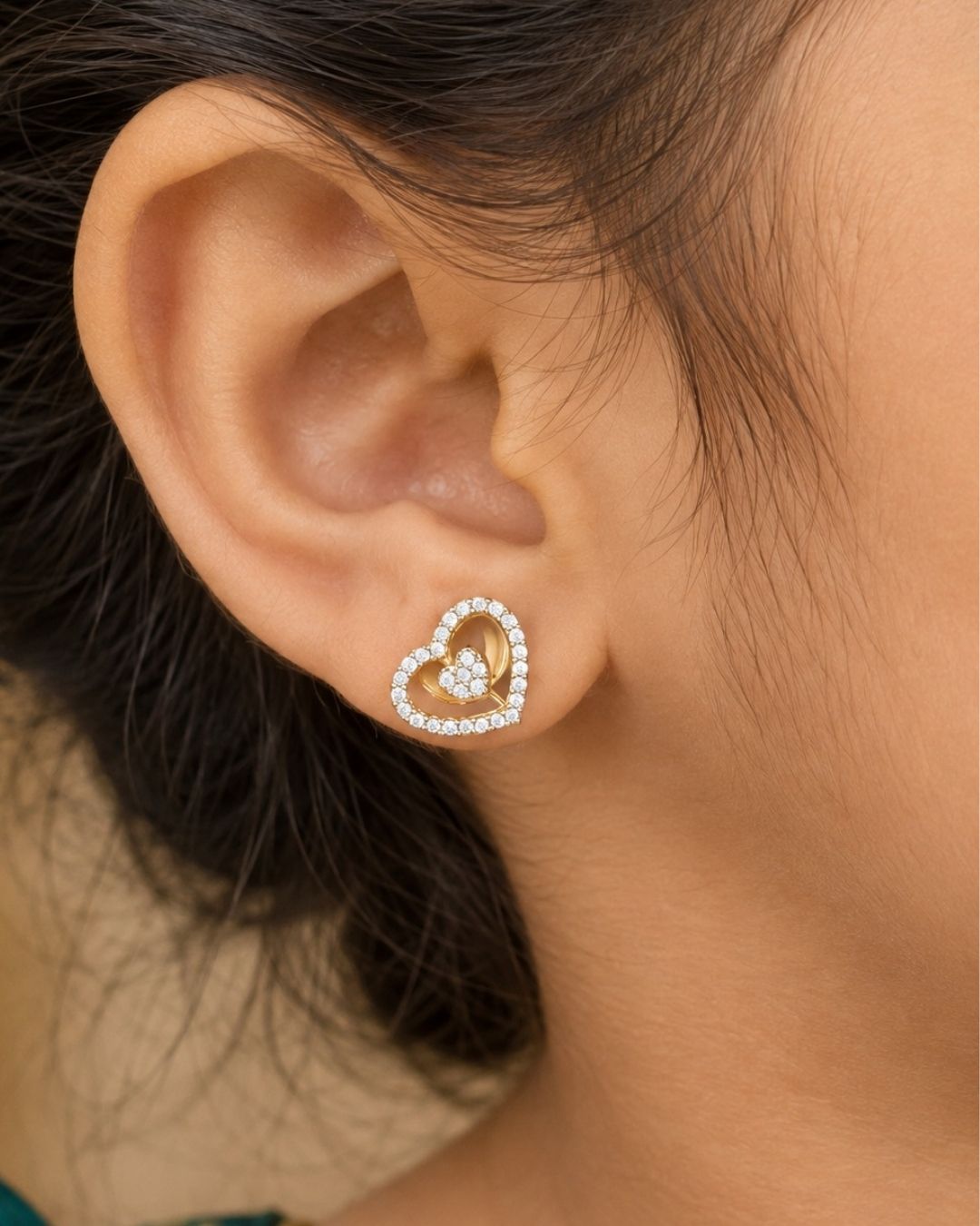 Pure Zirconian Diamond Gold Plated Heart Shape Studs 