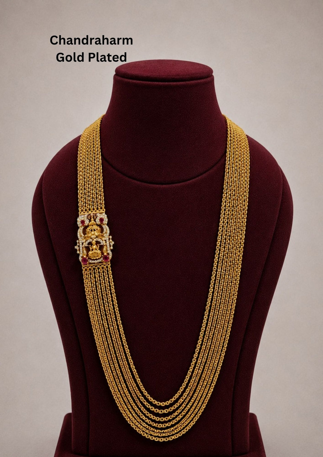 Premium temple style gold plated Lakshmi Chandraharam designed with multiple layered chains, traditional craftsmanship, and a detailed Lakshmi motif for ethnic and bridal jewellery collections.