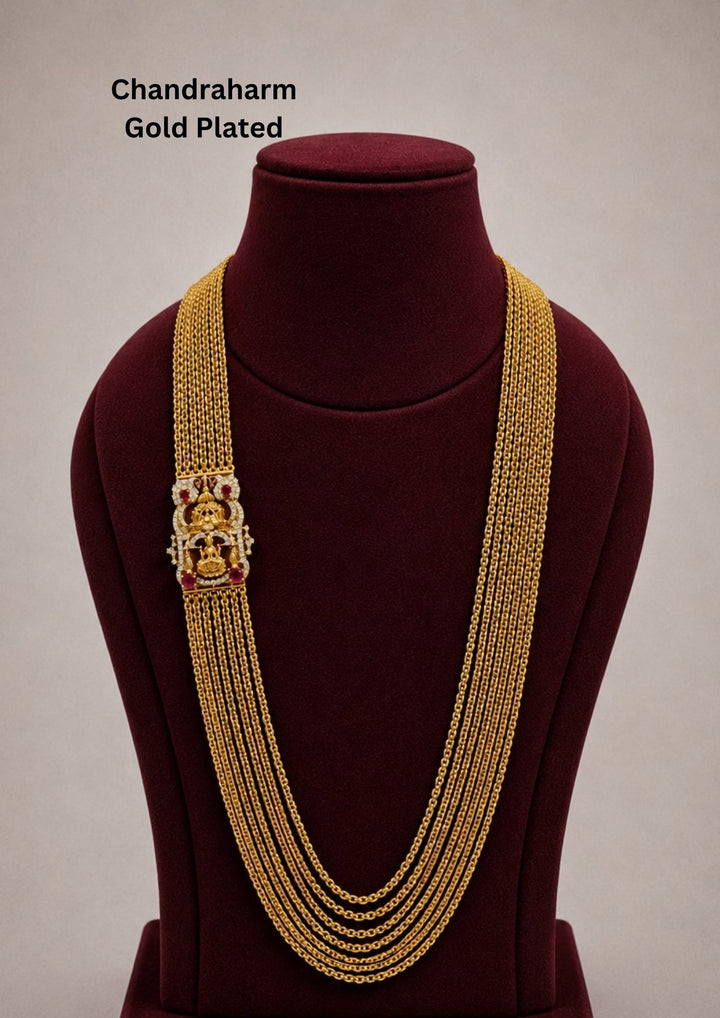 Premium temple style gold plated Lakshmi Chandraharam designed with multiple layered chains, traditional craftsmanship, and a detailed Lakshmi motif for ethnic and bridal jewellery collections.