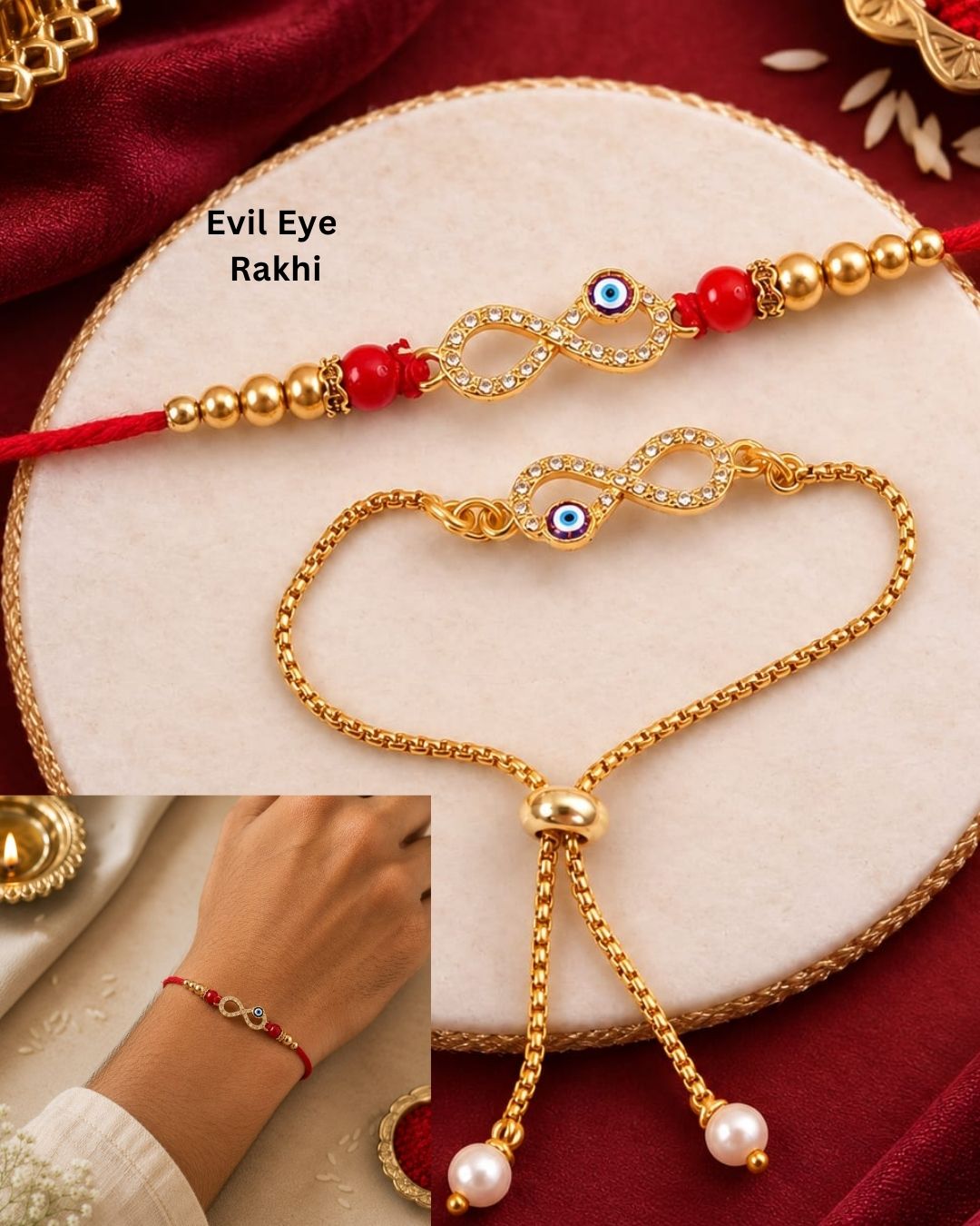 Premium Raksha Bandhan Rakhi showcasing an infinity symbol with an evil eye charm, decorative gold and red beads, and a vibrant red thread.