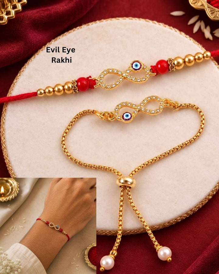 Premium Raksha Bandhan Rakhi showcasing an infinity symbol with an evil eye charm, decorative gold and red beads, and a vibrant red thread.