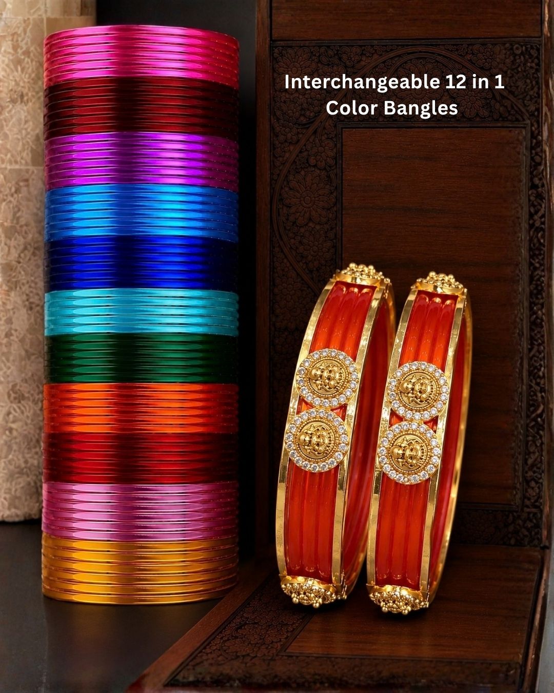 Traditional gold plated interchangeable bangles featuring rich red detailing, polished gold borders, circular motifs embellished with sparkling white stones, and decorative bead accents, perfect for festive, wedding, and traditional occasions.