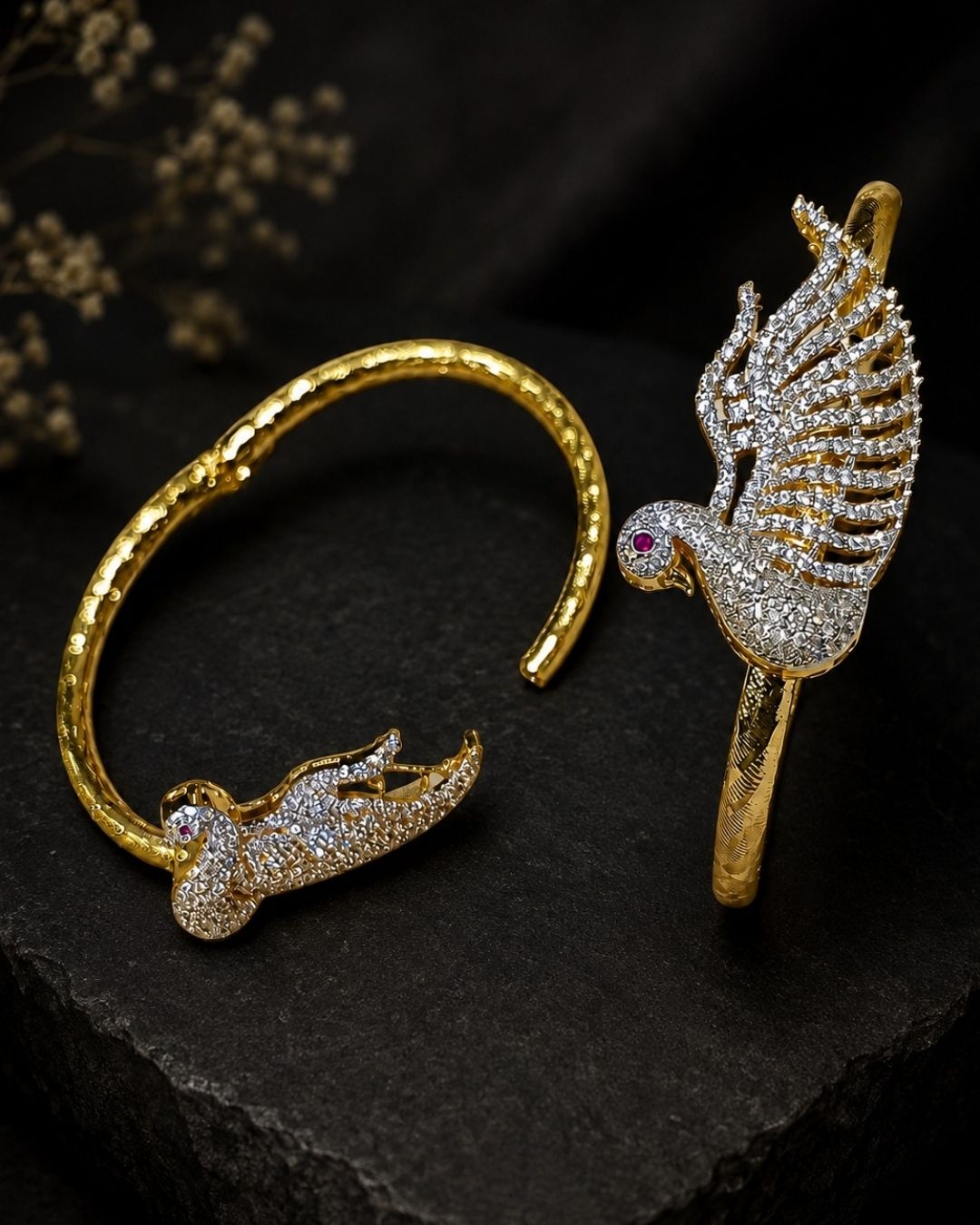 Beautiful gold plated designer kada pair featuring intricate interwoven knot-inspired motifs highlighted with sparkling CZ stones. Perfect for festive occasions, traditional wear, parties, celebrations, and gifting.