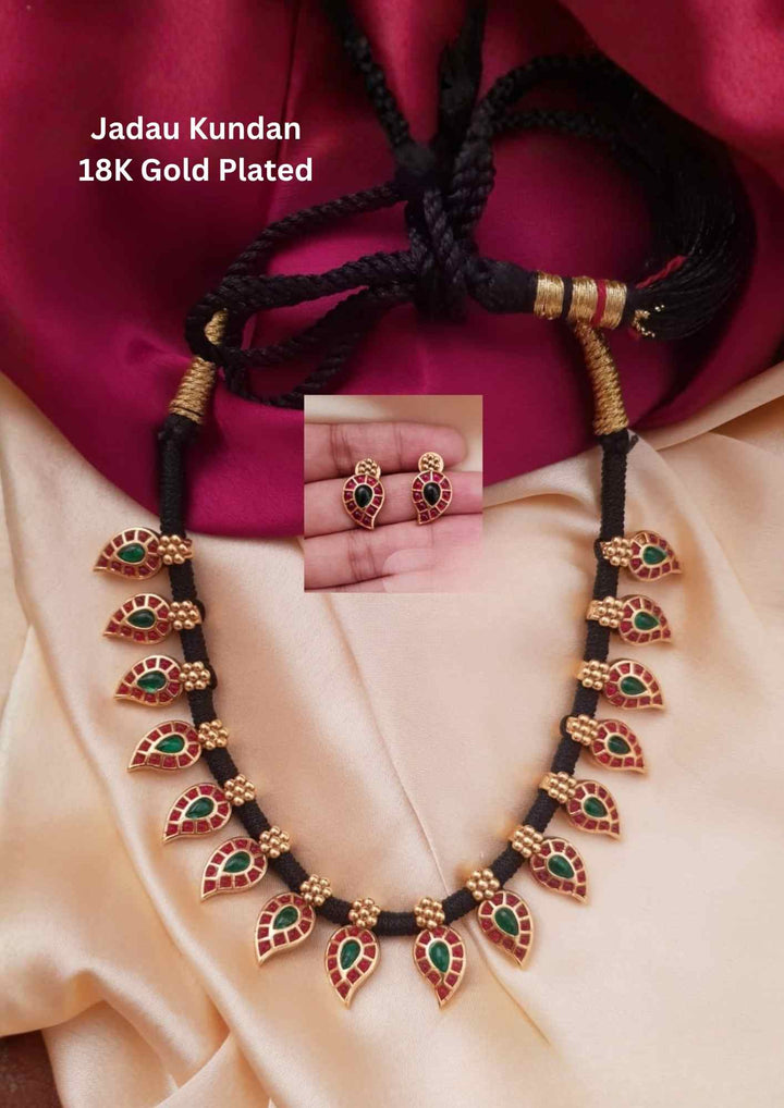 Jadau Kundan Gold Plated Black Thread Necklace With Earrings 
