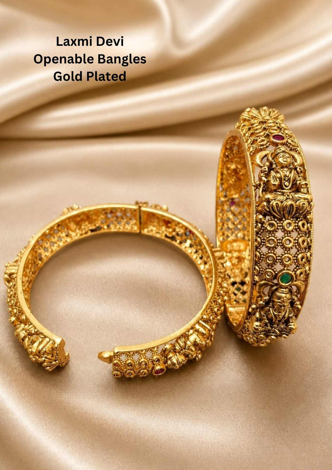 Jadau Kundan Gold Plated Temple Laxmi Devi Openable Bangles (Set of 2)