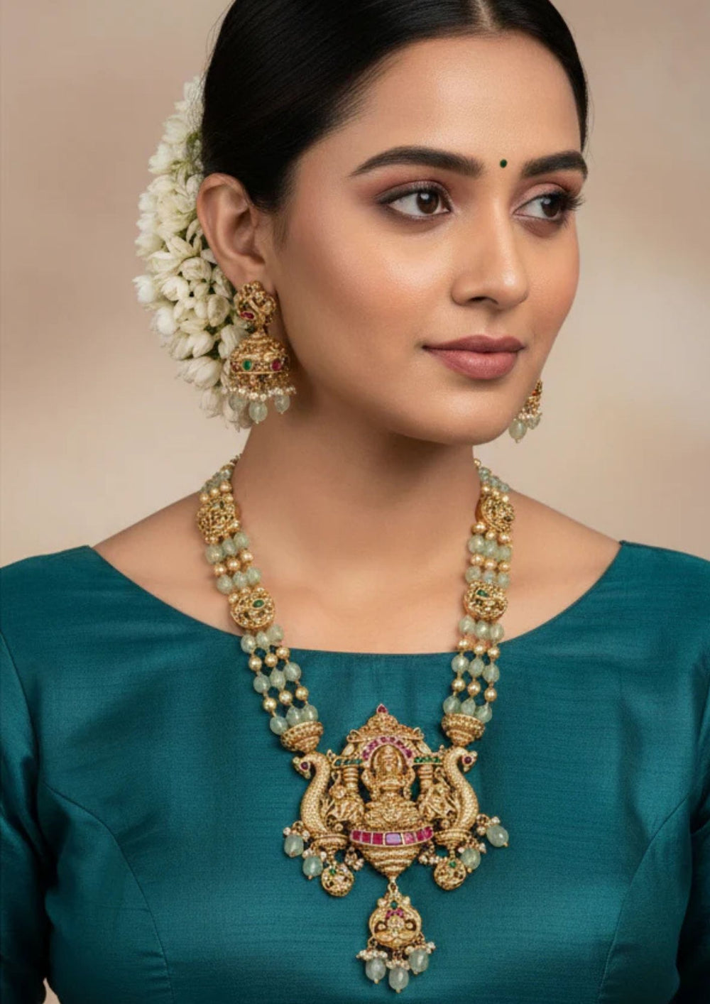 South Indian woman wearingJ adau Kundan Gold Plated Laxmi Temple necklace set with matching jhumka earrings designed with three  rows of pastel green beads and gold pearls with gold pendant with Goddess Laxmi, peacocks, ruby red stones, and hanging bead drops. perfect for weddings, festivals, receptions, and cultural South Indian jewellery styling.