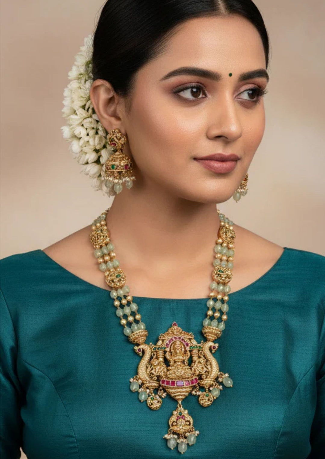 South Indian woman wearingJ adau Kundan Gold Plated Laxmi Temple necklace set with matching jhumka earrings designed with three  rows of pastel green beads and gold pearls with gold pendant with Goddess Laxmi, peacocks, ruby red stones, and hanging bead drops. perfect for weddings, festivals, receptions, and cultural South Indian jewellery styling.