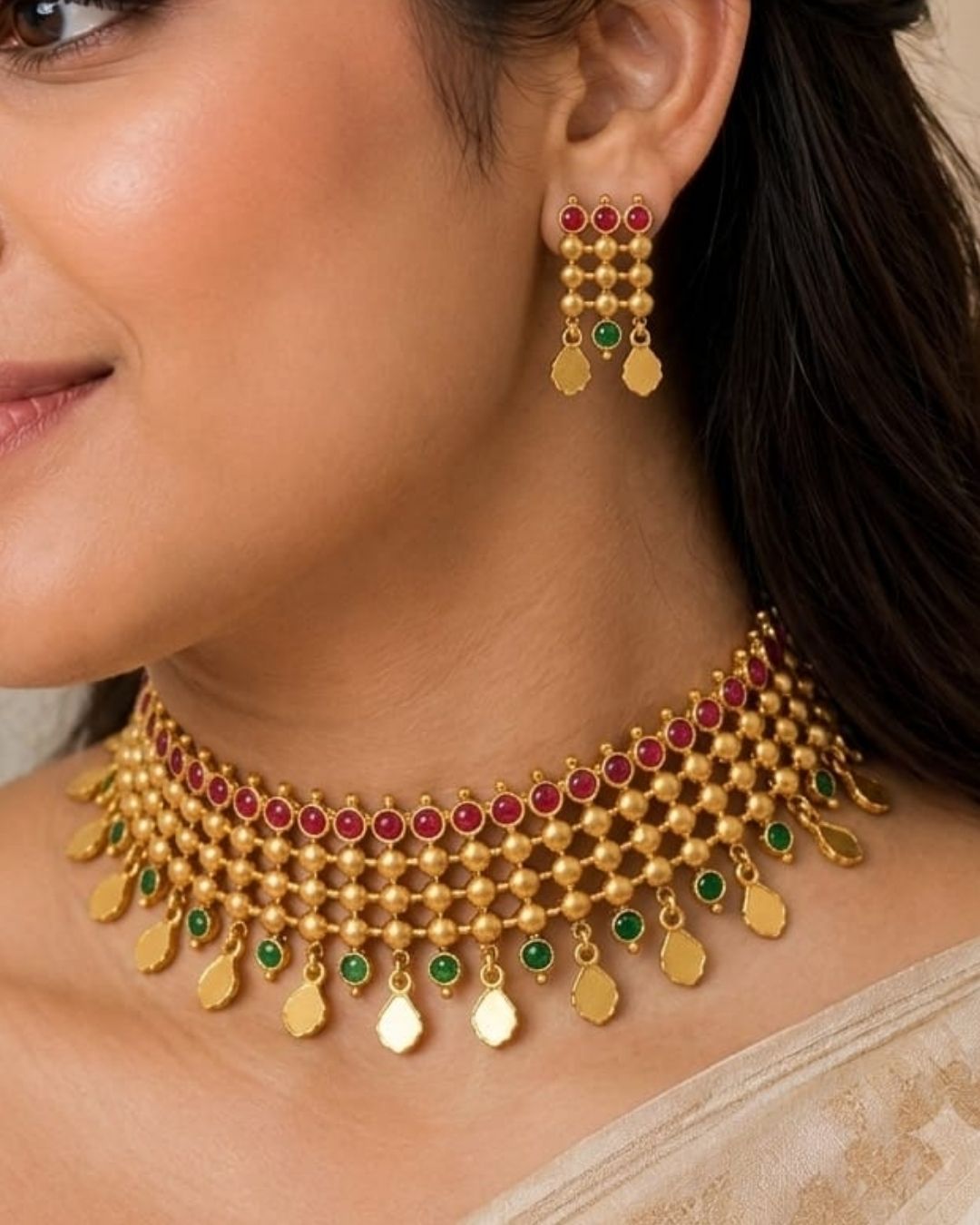 South Indaian women Beautiful Jadau Kundan gold plated necklace set featuring an intricate multi-layered choker design with ruby and green stones, detailed gold beadwork, dangling motifs, and matching earrings. Perfect for festive occasions, traditional wear, weddings, and gifting.