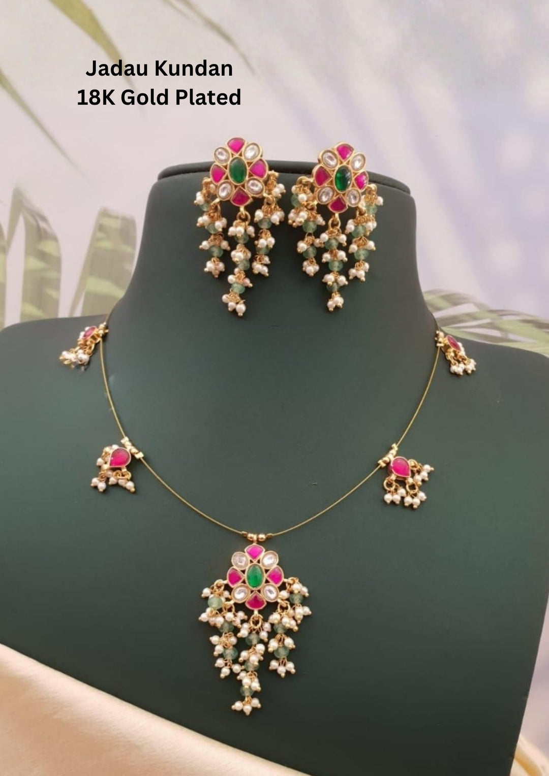 Jadau Kundan Gold Plated Beads Necklace with Earrings
