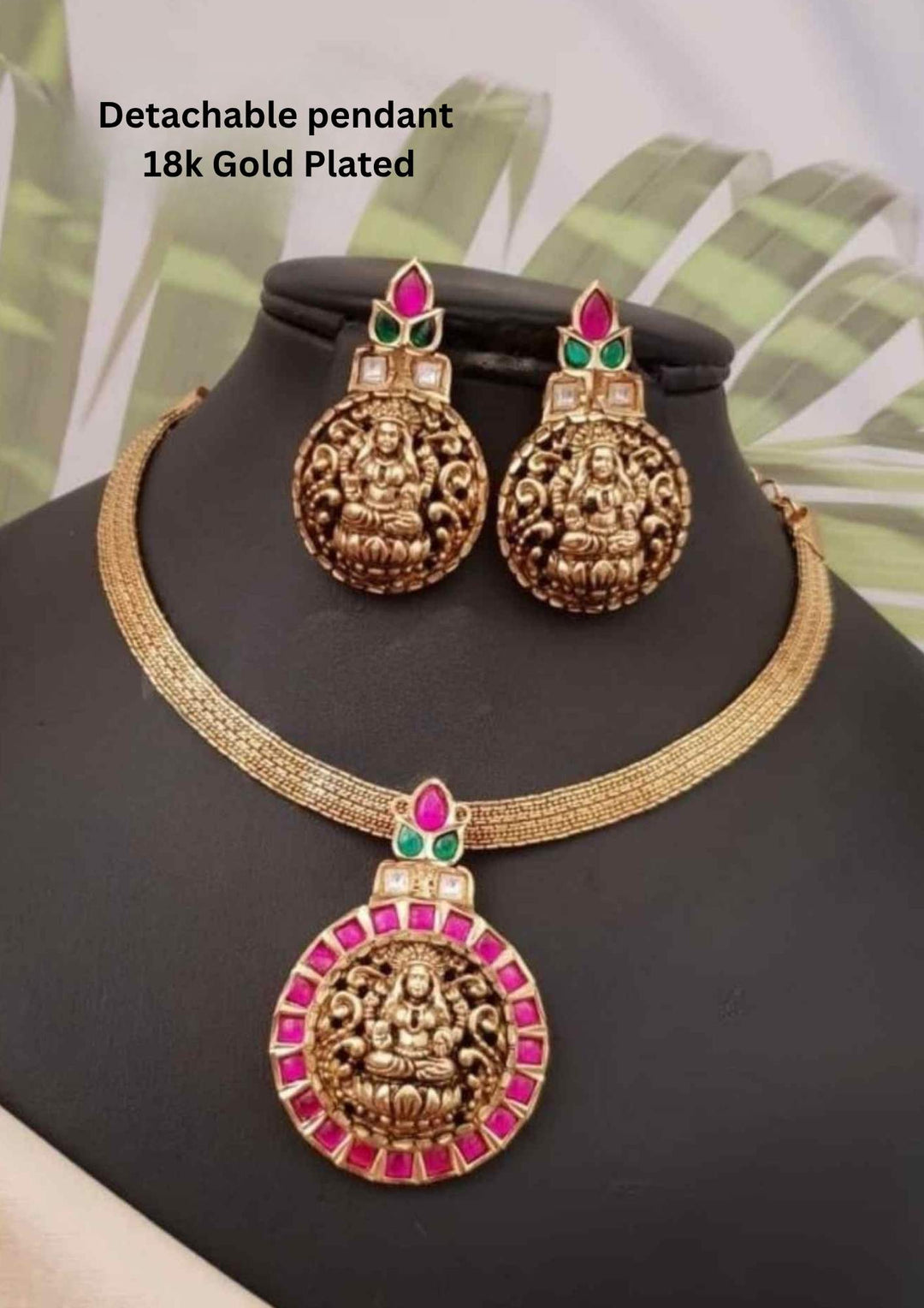 Jadau Kundan Gold Plated Temple Detachable Pendant with Earrings