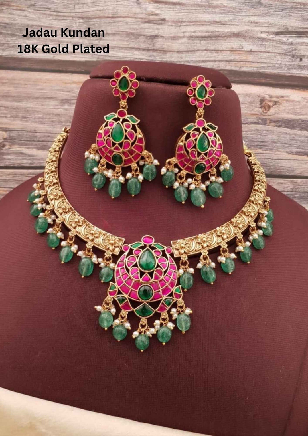 Jadau Kundan Gold Plated Beads Traditional Necklace with Earrings 