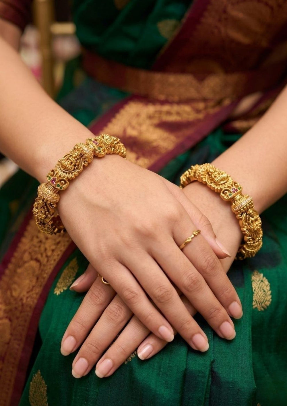 Jadau Kundan Gold Plated Floral Laxmi Devi Openable Bangles (Set of 2)  Model Pic