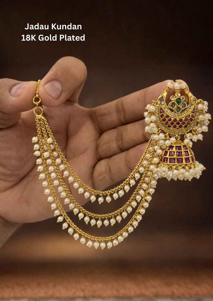 Jadau Kundan Gold Plated Gutapusallu Earrings and Earchains (Combo) 