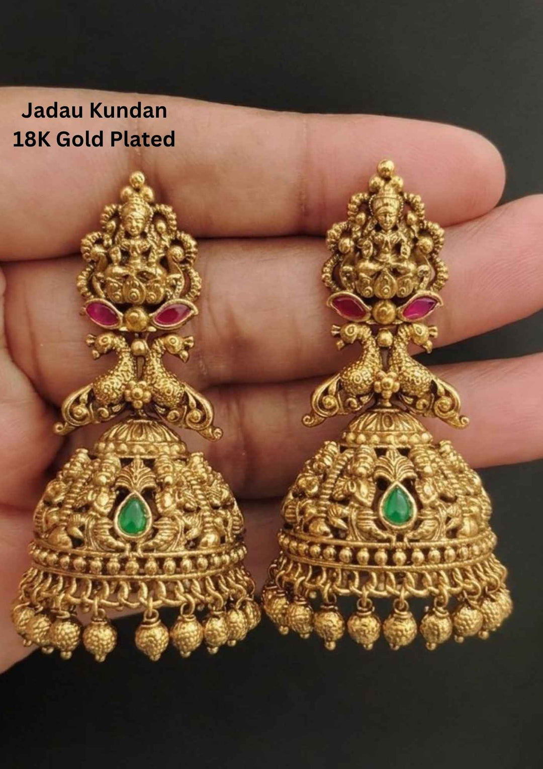 Jadau Kundan 18k Gold Plated Laxmi Devi Jhumkas