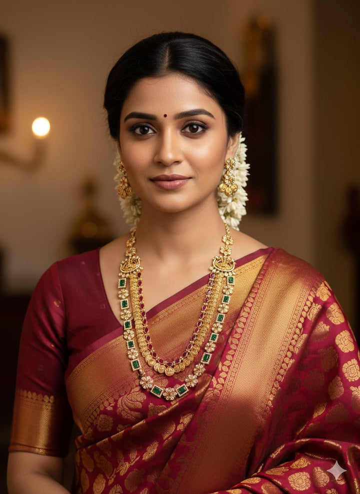 South Indian Woman wearing a Jadau Kundan 18k gold plated Laxmidevi multi layer Kasu haram set over a dark background displaying matching earrings that give a graceful traditional and modern look for festivals with COD.