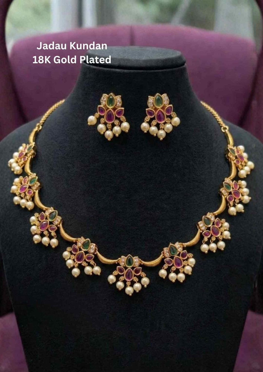 Jadau Kundan Gold Plated Lotus Necklace with Earrings