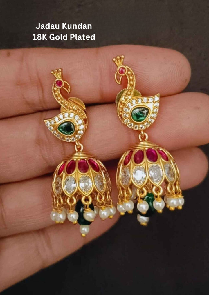 Jadau Kundan Gold Plated Pearl Drop Peacock Jhumkas 