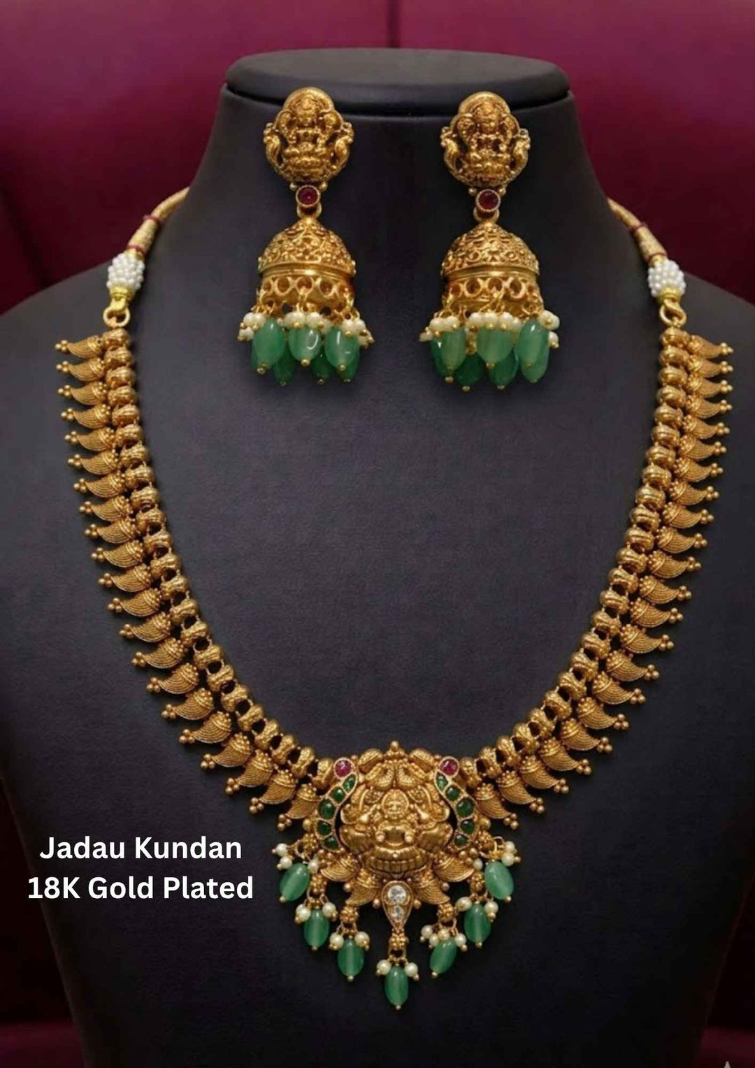 Jadau Kundan Gold Plated Temple Laxmi Devi Beads Necklace with Earrings 