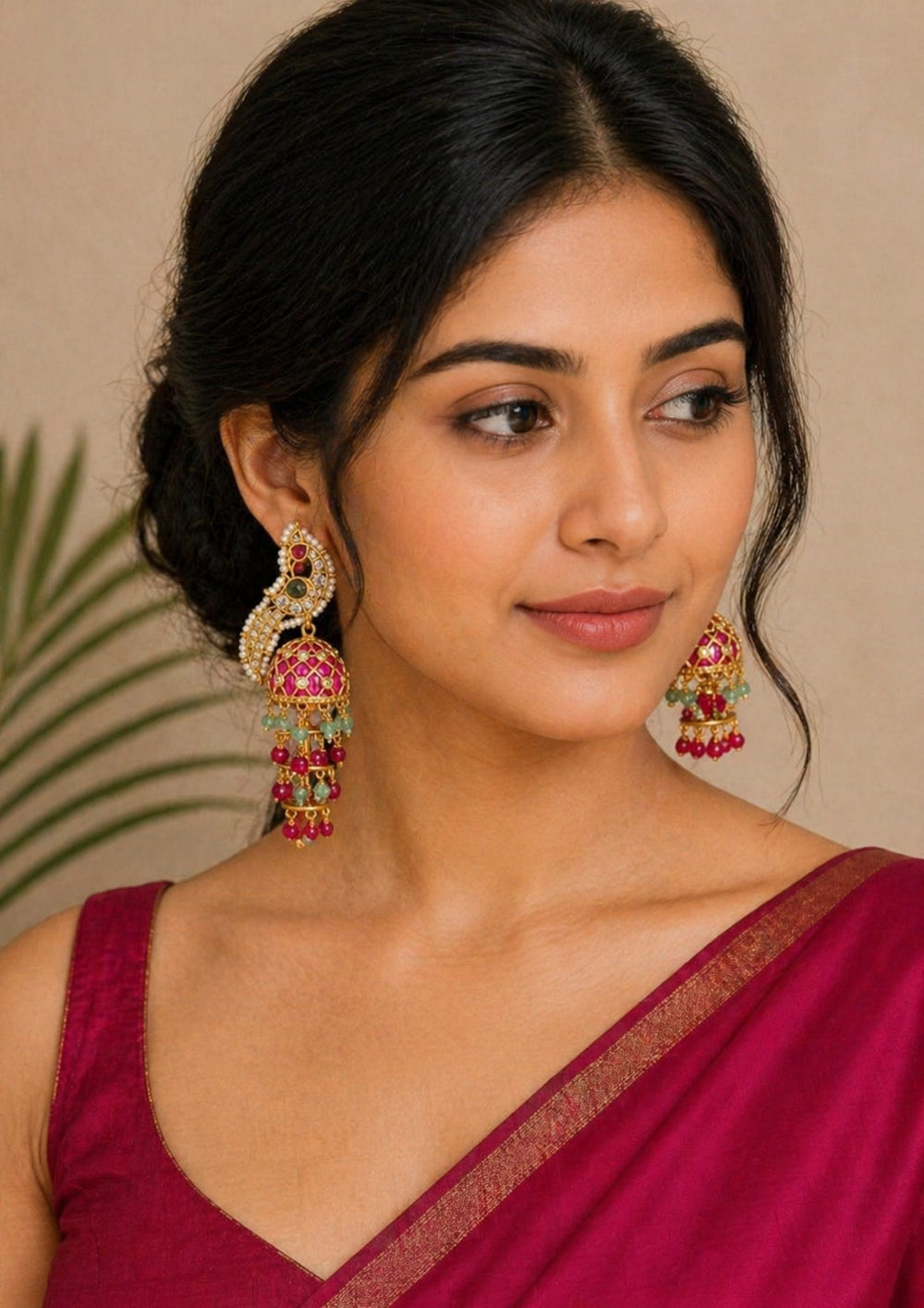 South Indian woman wearing jadau kundan gold plated multi-tier jhumka earrings designed with cascading rows of crimson red and pastel green beads that give a graceful traditional and modern look for weddings, festive occasions, sangeet, receptions and party wear styling with lightweight comfortable use and COD available now.