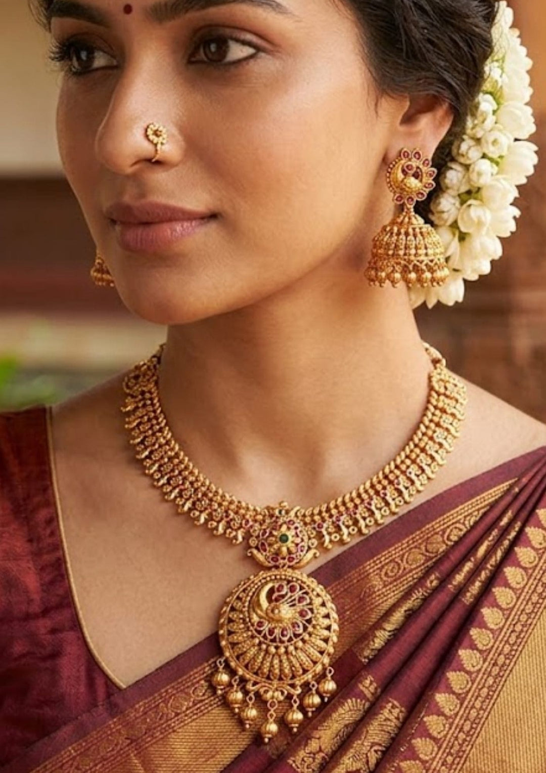 Jadau Kundan & Beads Gold Plated peacock Necklace With Earrings g 101450