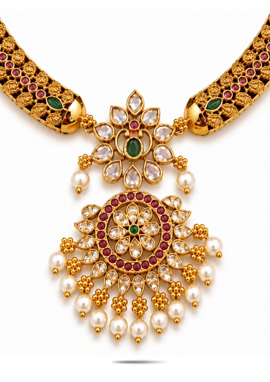 Gold necklace with red and green gemstones on a white background and pendent shown very clearly and in detailed way shown in picture it will sweat proof and water proof can used for festivals, bridals, and weeding's  