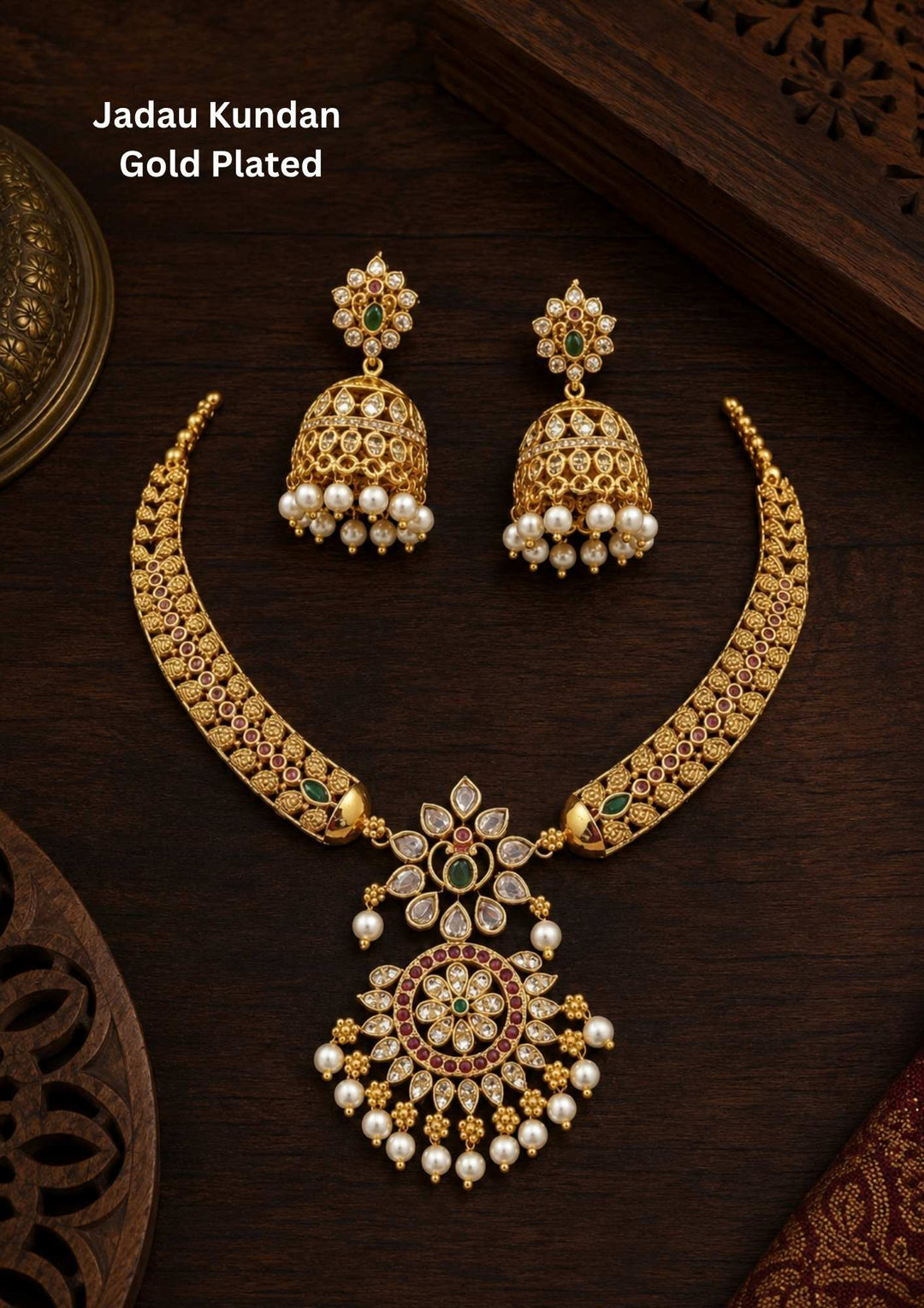 Gold-plated necklace set with intricate design long necklace Setand earrings  with green and red stones come with jadau kundan in necklace set  with beads and in pendent and earrings shows clear design and in detailed shown in picture it will not fade color and water proof can used for festivals, bridals, and weeding's  